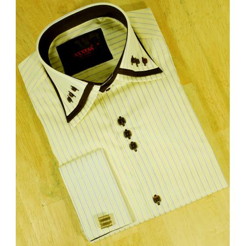 Axxess Butter With Chocolate Brown / White Pinstripes Tabbed Collar 100% Cotton Dress Shirt